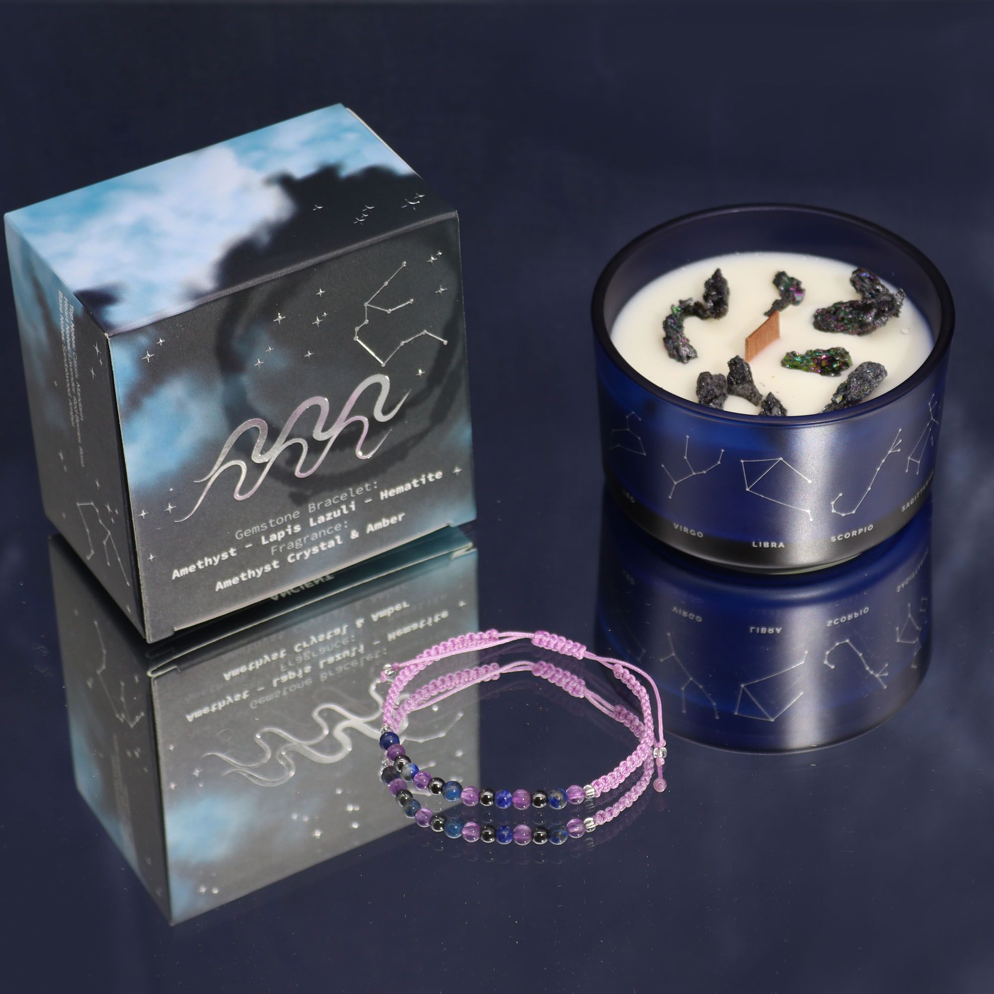 Zodiac Crystal Candle + Gemstone Bracelet - Aquarious