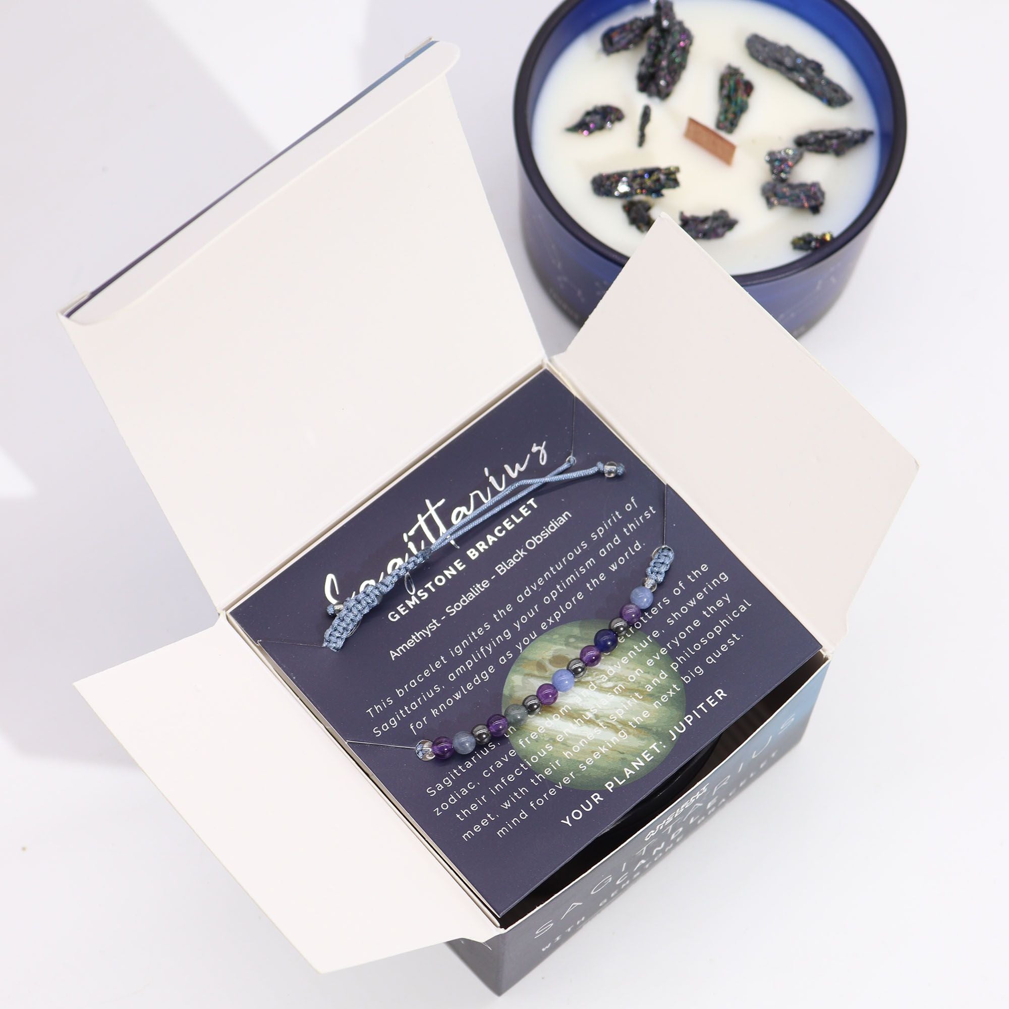 Zodiac Crystal Candle + Gemstone Bracelet - Sagittarius