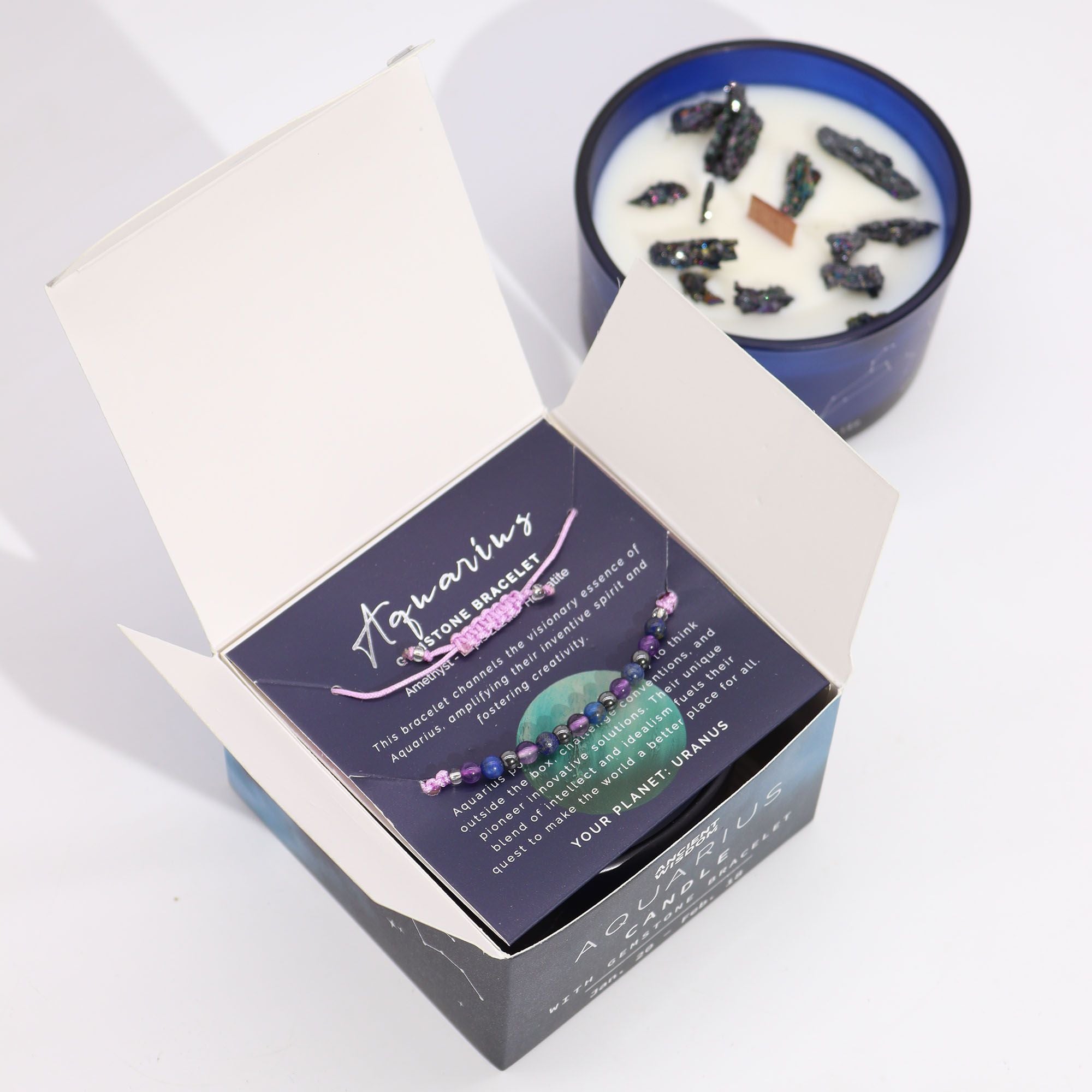 Zodiac Crystal Candle + Gemstone Bracelet - Aquarious