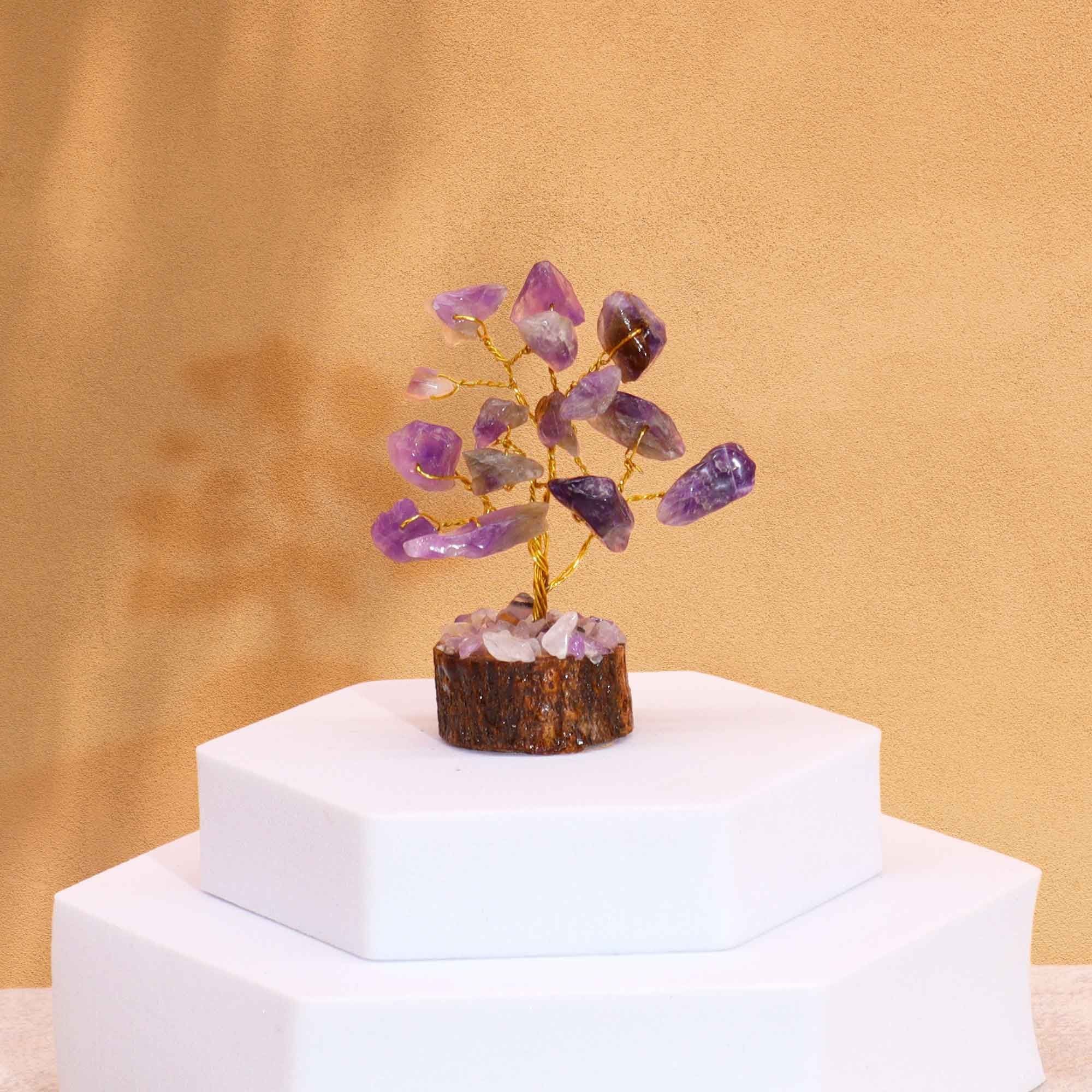 Mini Gemstone Tree on Wood Base (15 Stones) - Amethyst