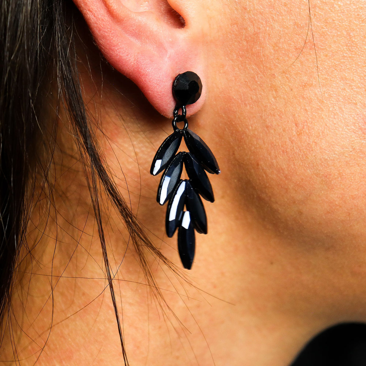 Jet Black Vintage Glass Earrings - Long Drop