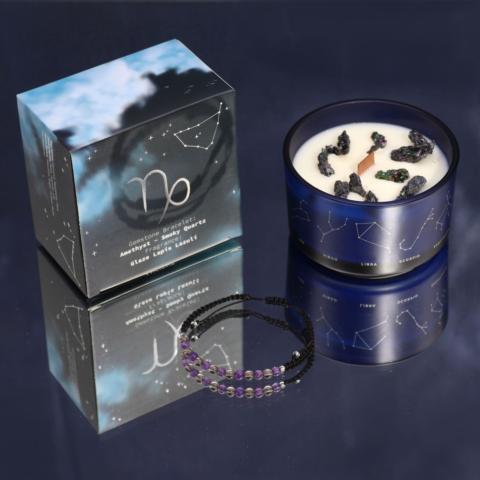 Zodiac Crystal Candle + Gemstone Bracelet - Capricorn