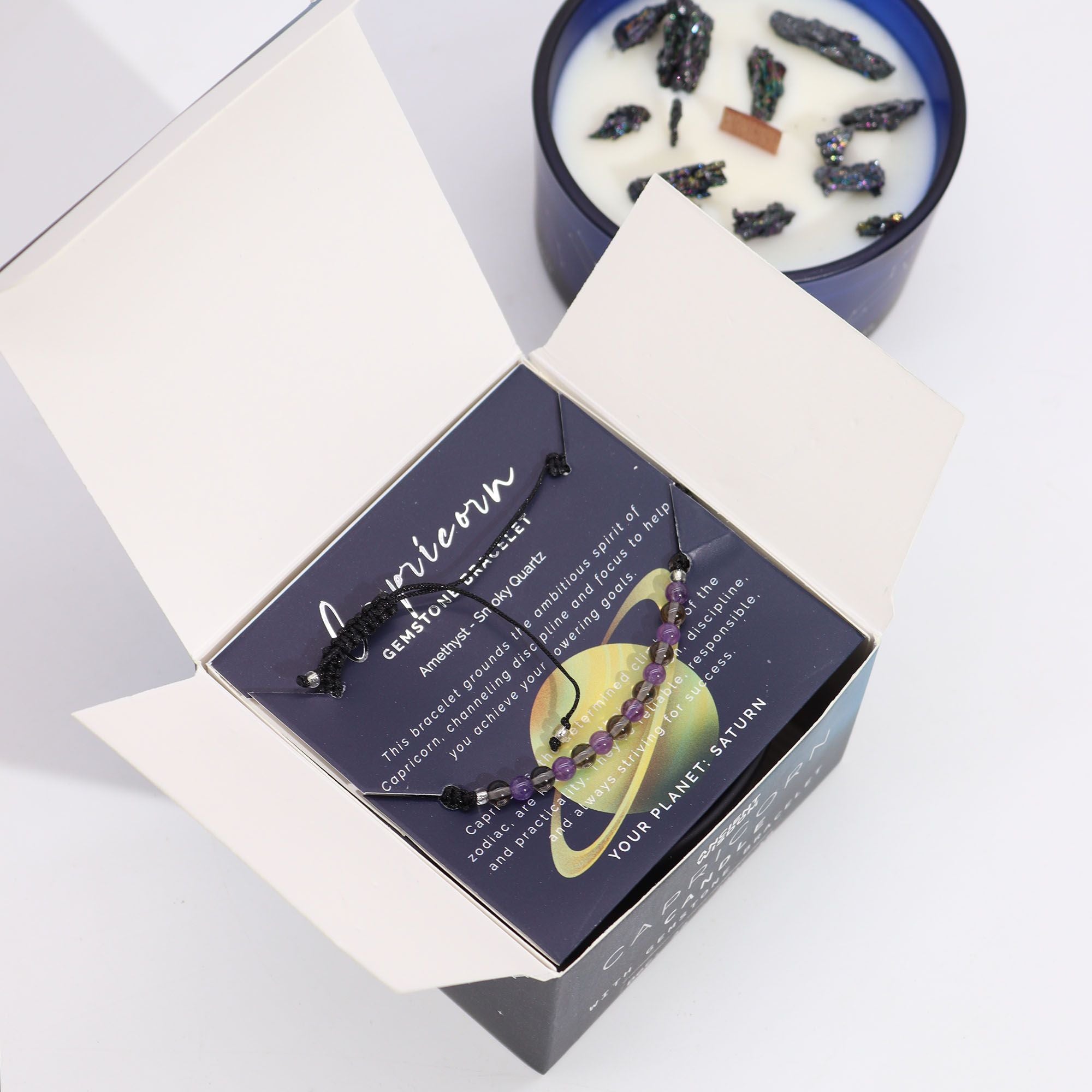 Zodiac Crystal Candle + Gemstone Bracelet - Capricorn