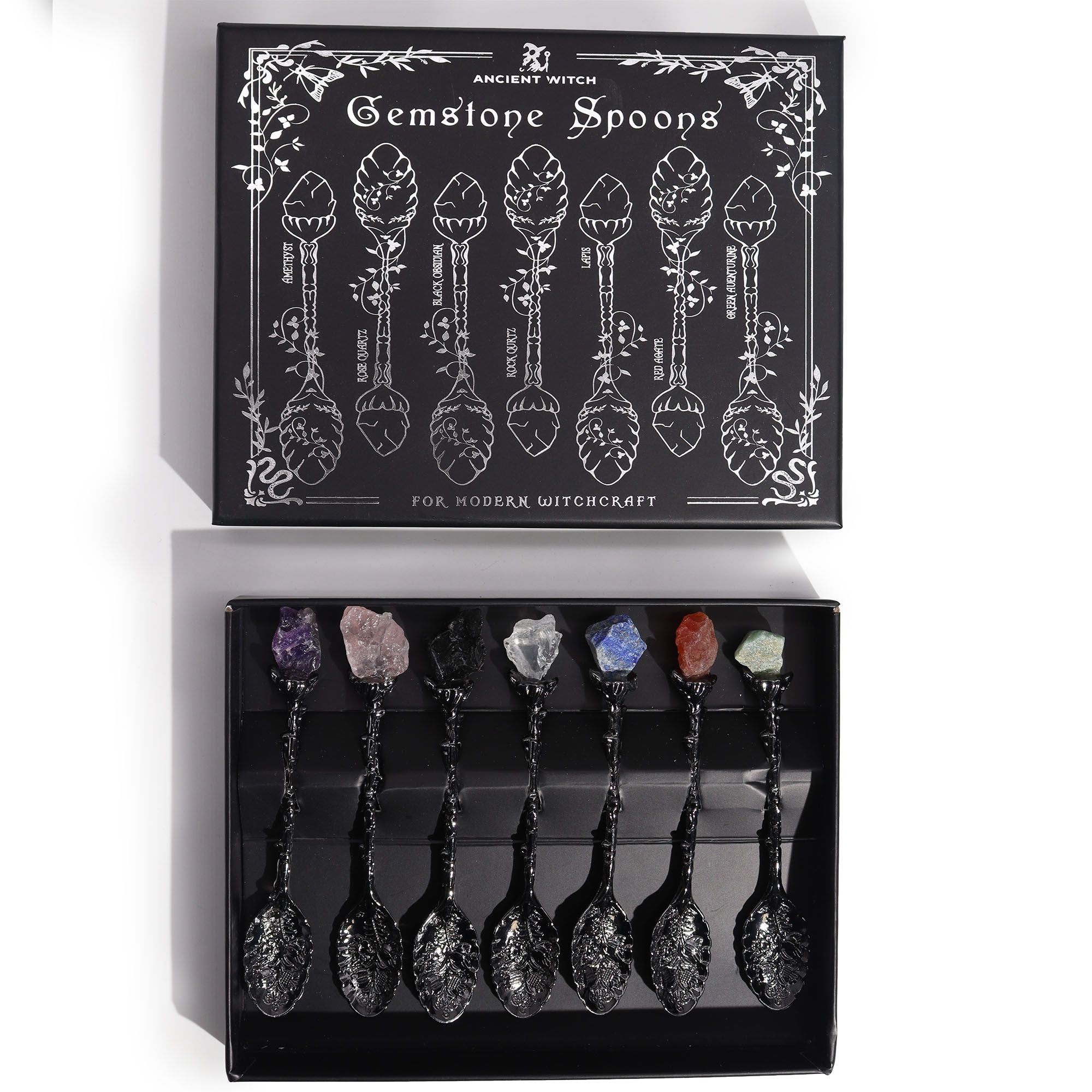 Crystal Witch Spoon Assembly of 7 Gemstones - Dark Silver