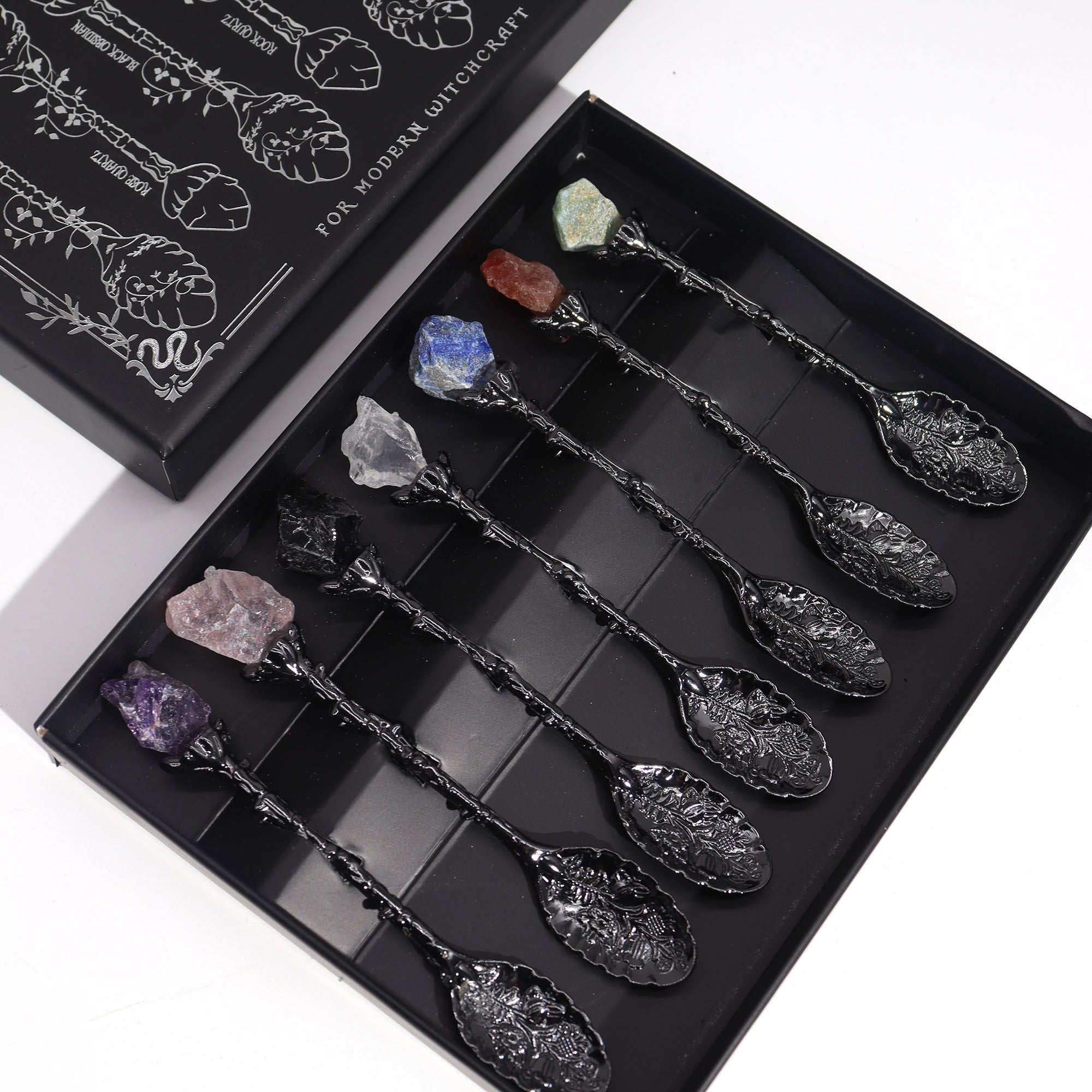 Crystal Witch Spoon Assembly of 7 Gemstones - Dark Silver