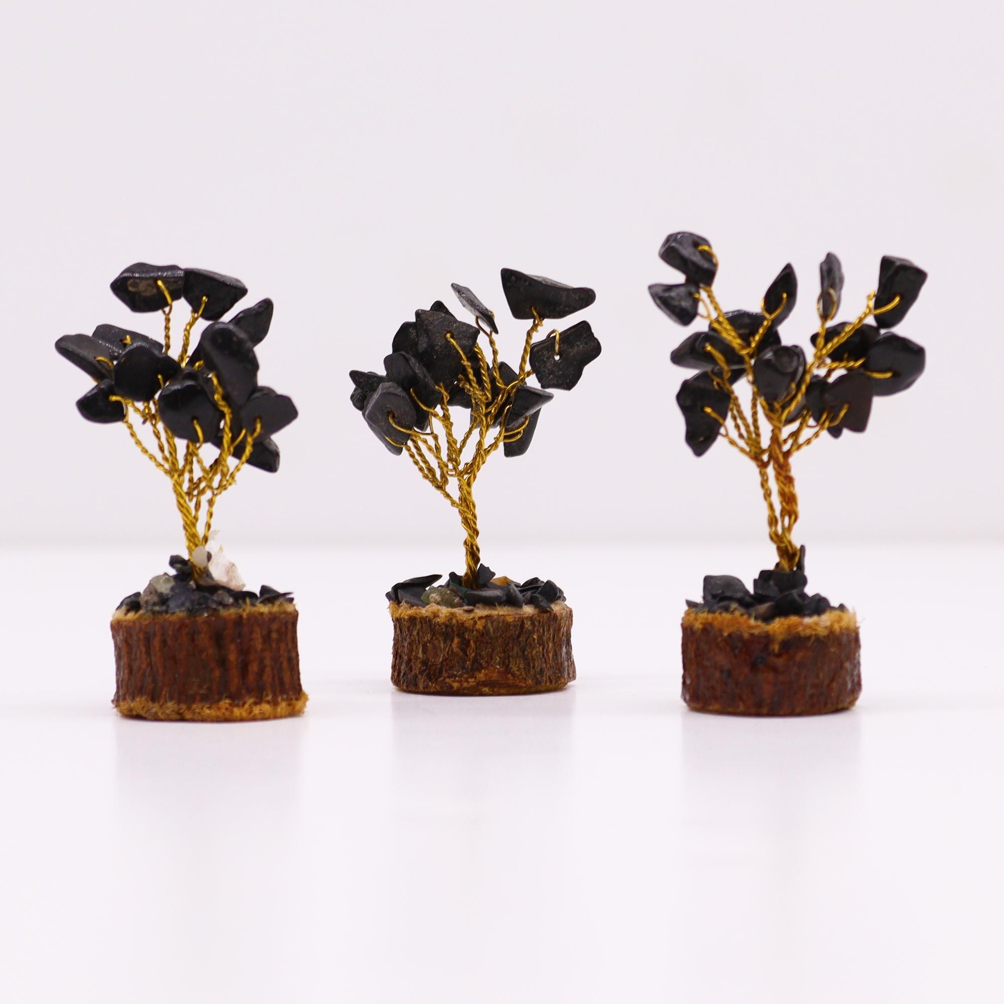 Mini Gemstone Tree on Wood Base (15 Stones) - Black Agate