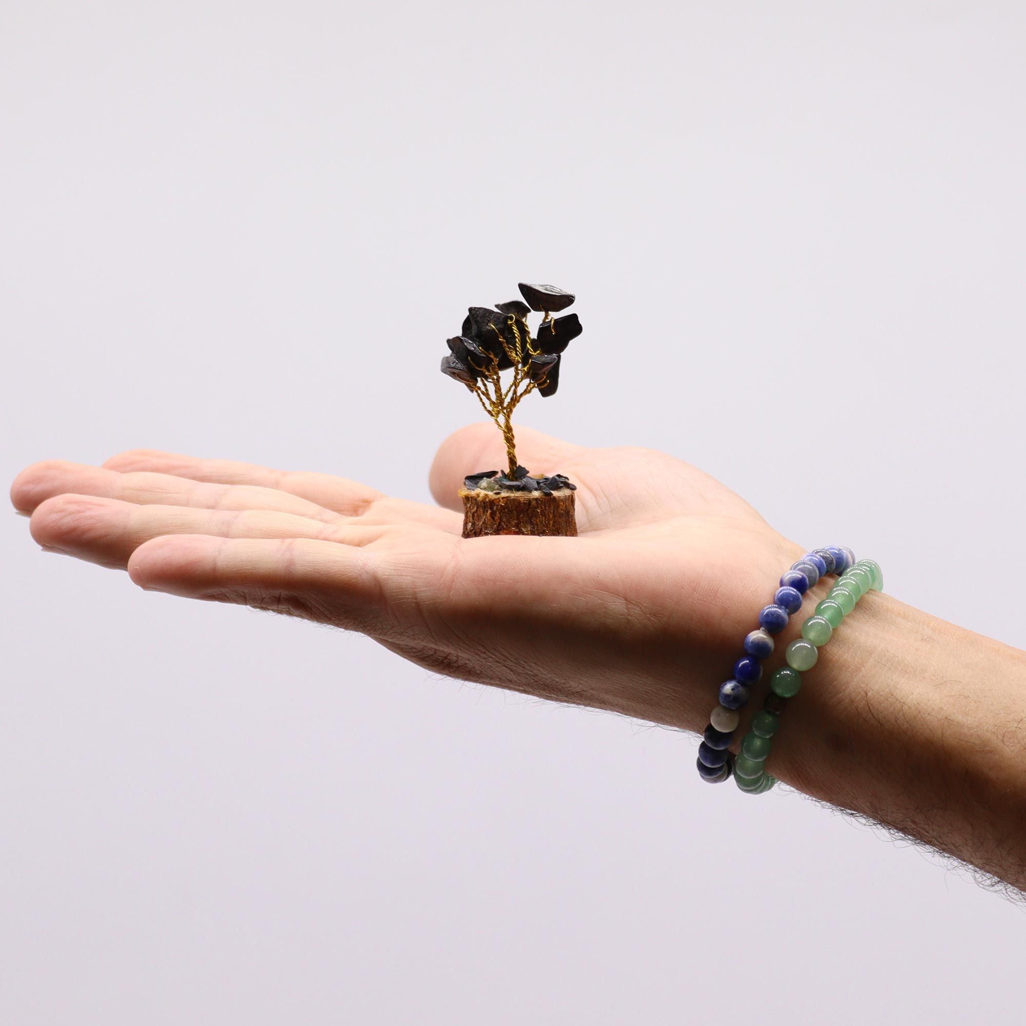Mini Gemstone Tree on Wood Base (15 Stones) - Black Agate