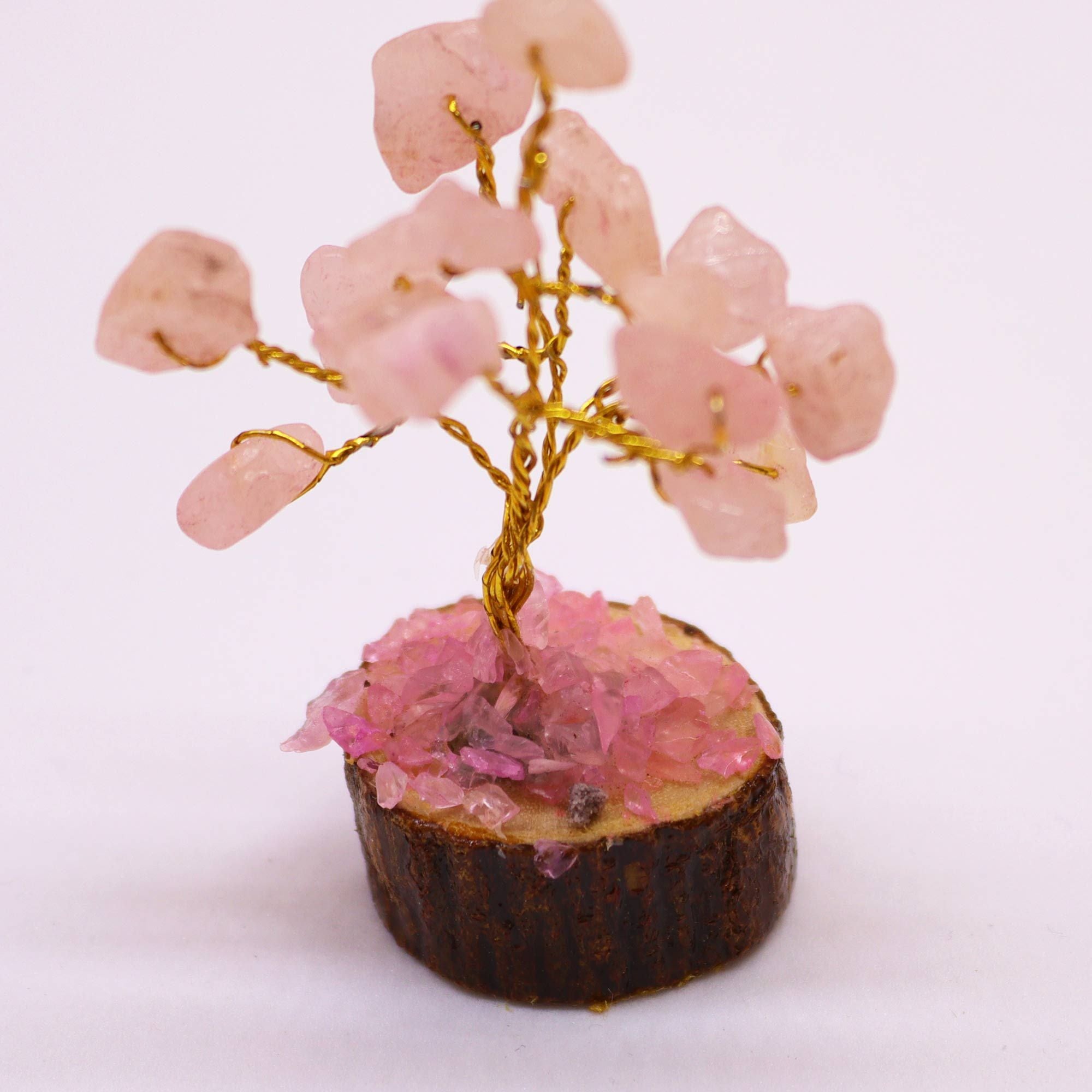 Mini Gemstone Tree on Wood Base (15 Stones) - Rose Quartz