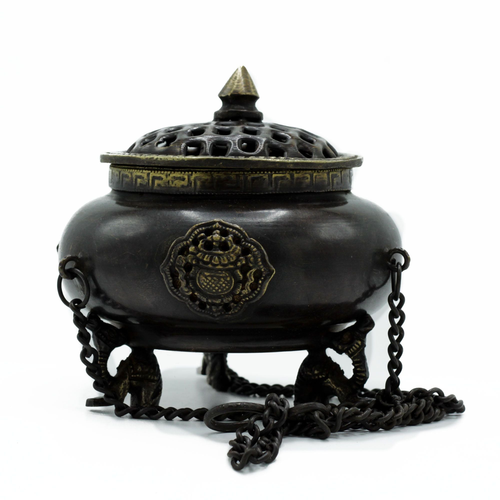 Brass Tibetan Burner Large - Four Symbol Hanging Pot