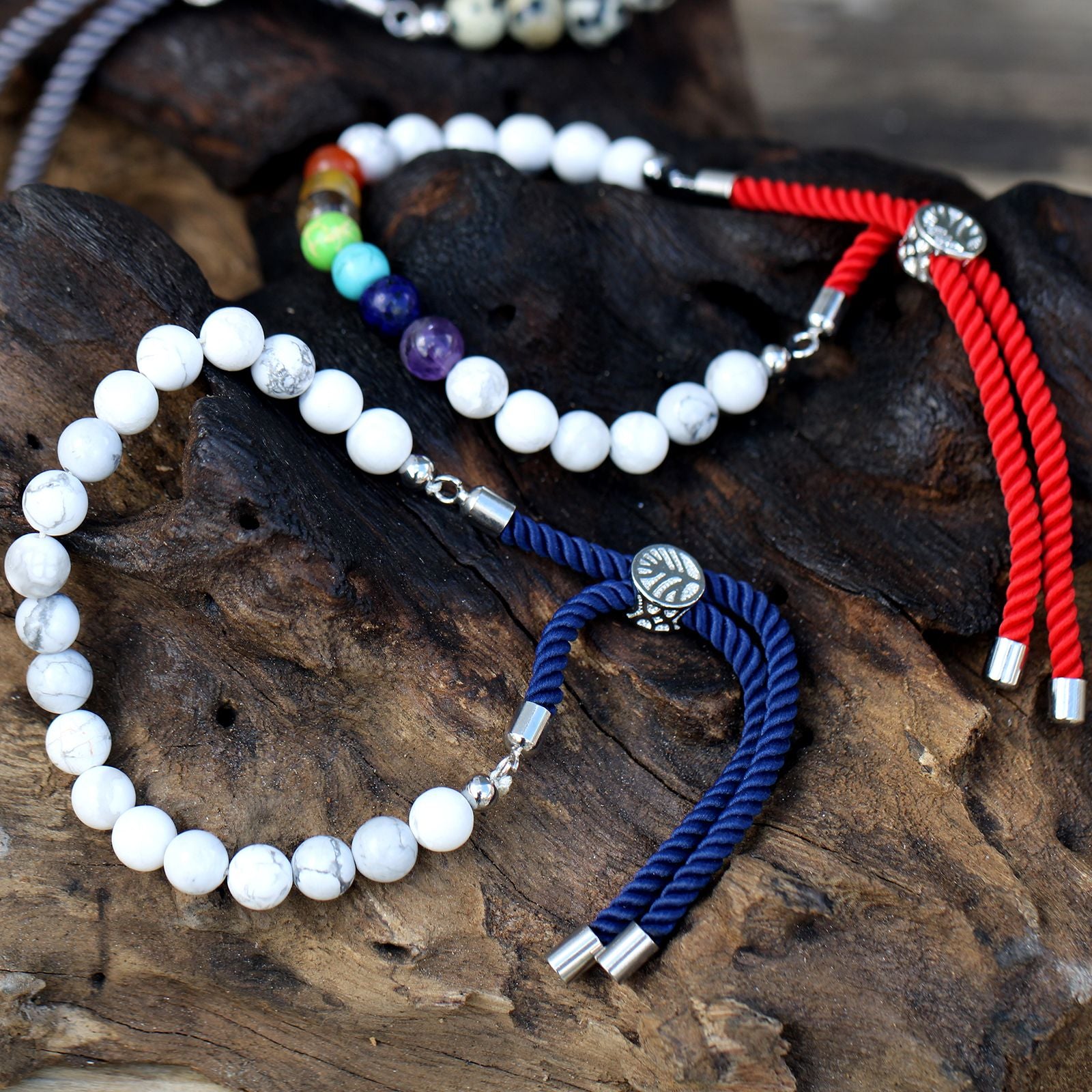 925 Silver Plated Gemstone Charcoal String Bracelet - Dalmation Jasper