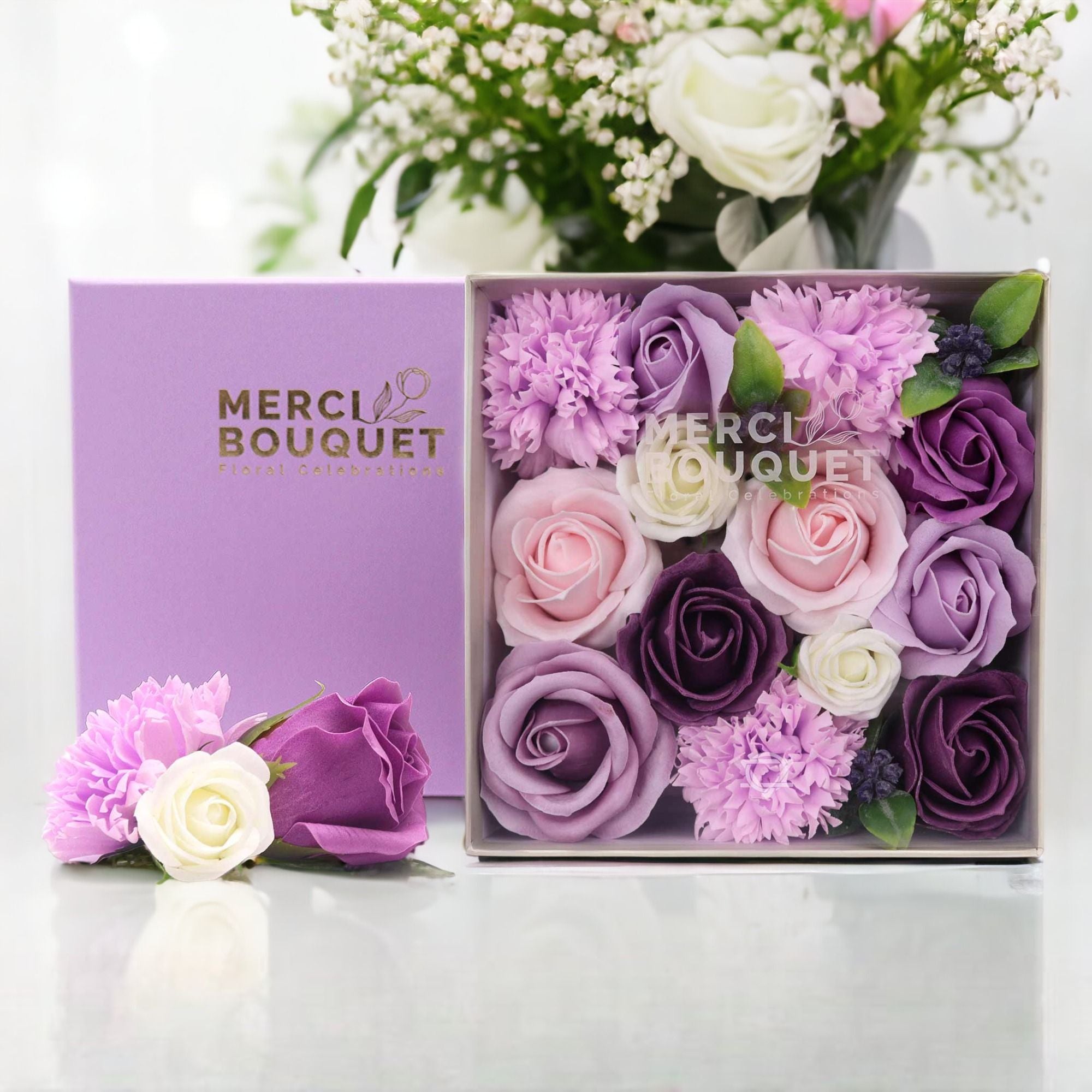 Merci Square Gift  Box - Lavender Rose & Carnation