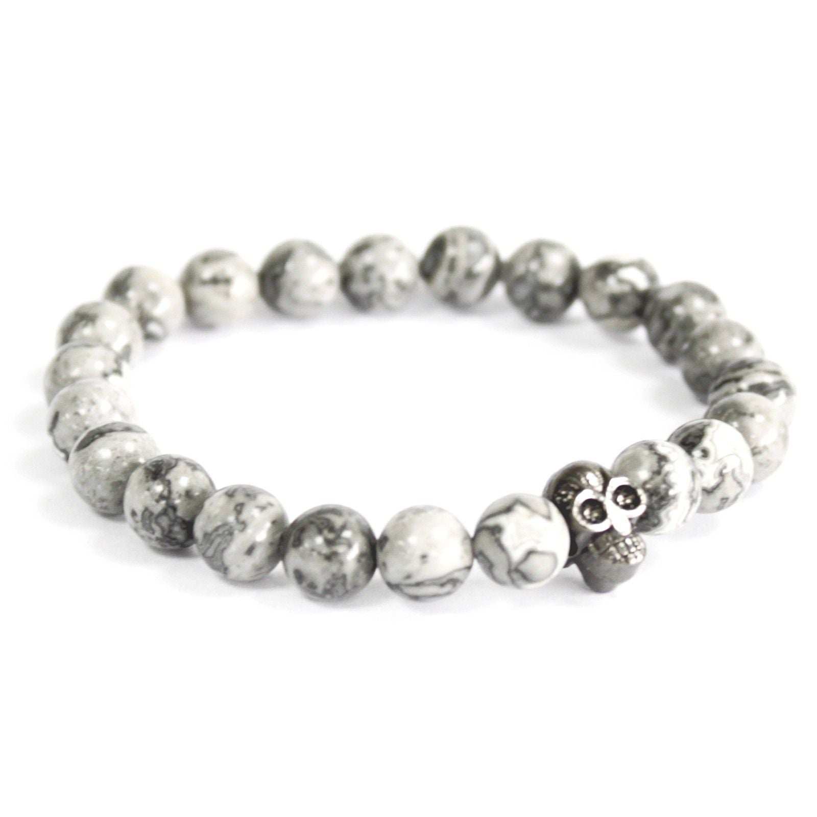 Noble Gemstone Bracelet - Pewter Skull (Grey Agate)