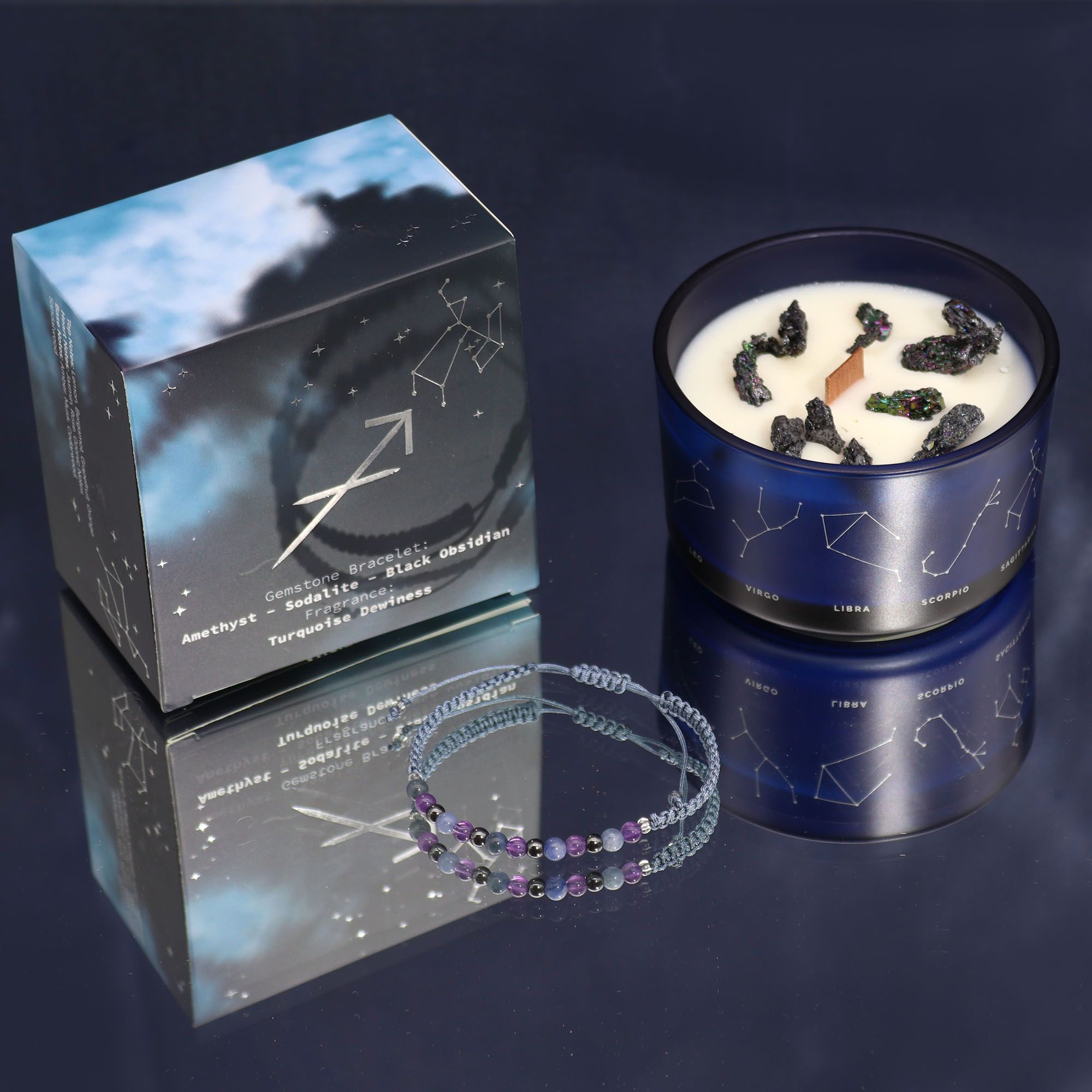 Zodiac Crystal Candle + Gemstone Bracelet - Sagittarius
