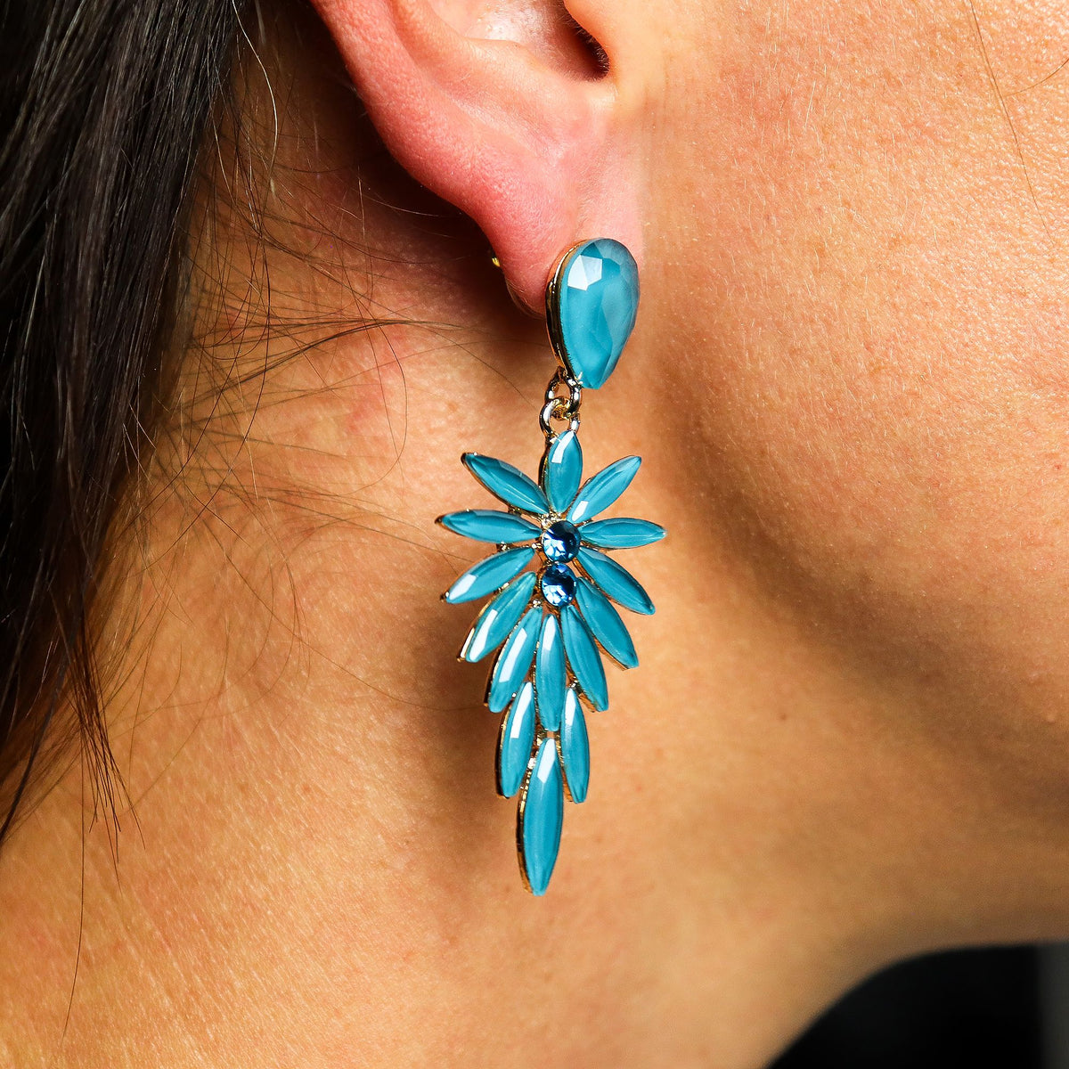 Teal Green Vintage Glass Earrings - Long Drop