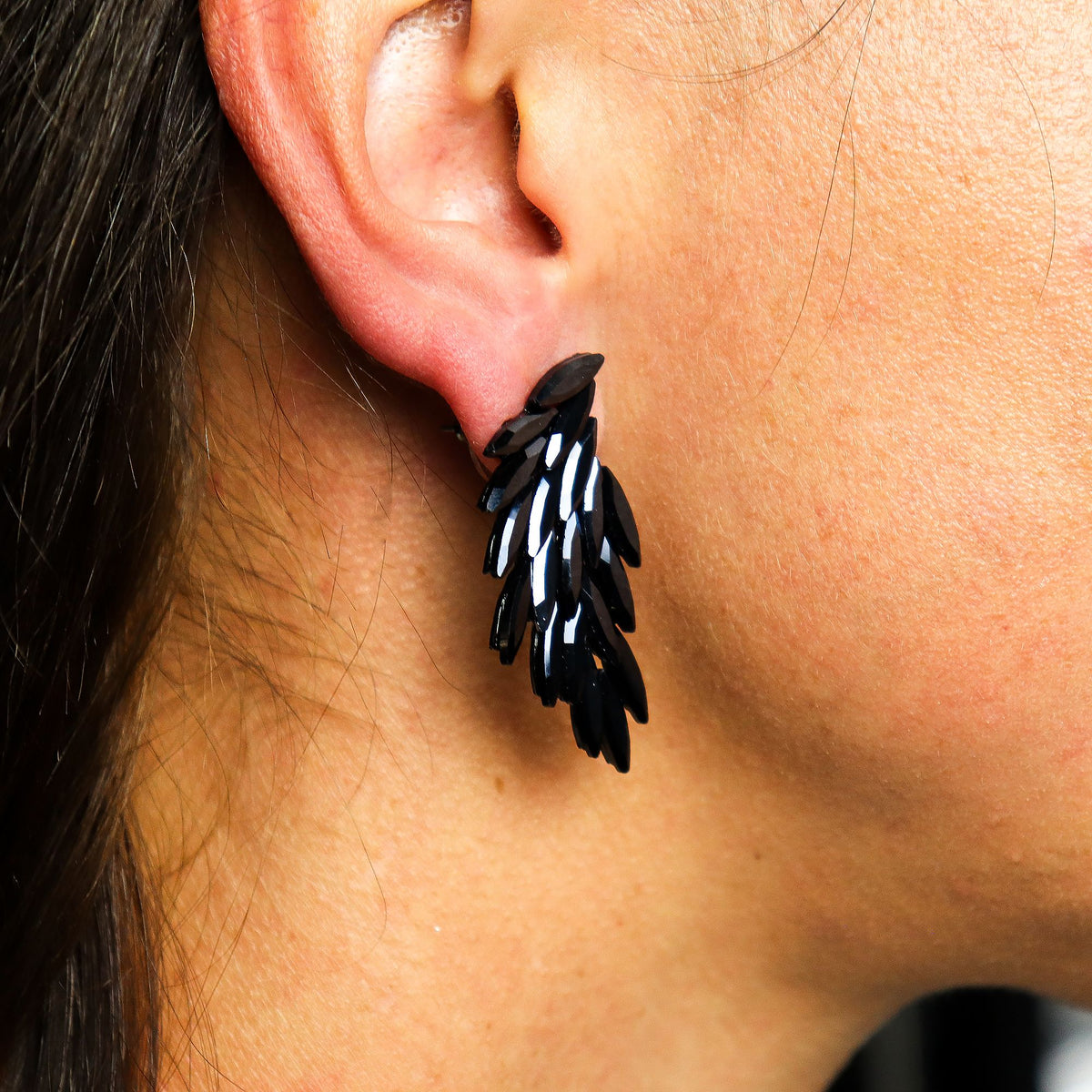 Jet Black Vintage Glass Earrings - Angel Wings