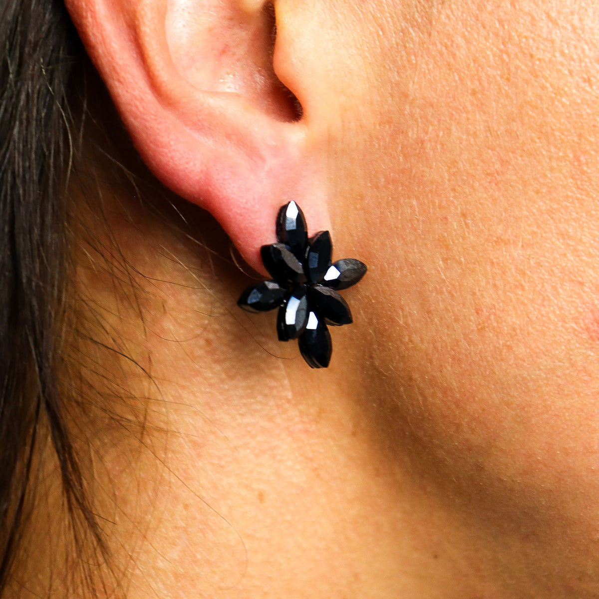 Jet Black Vintage Glass Earrings - Flowers