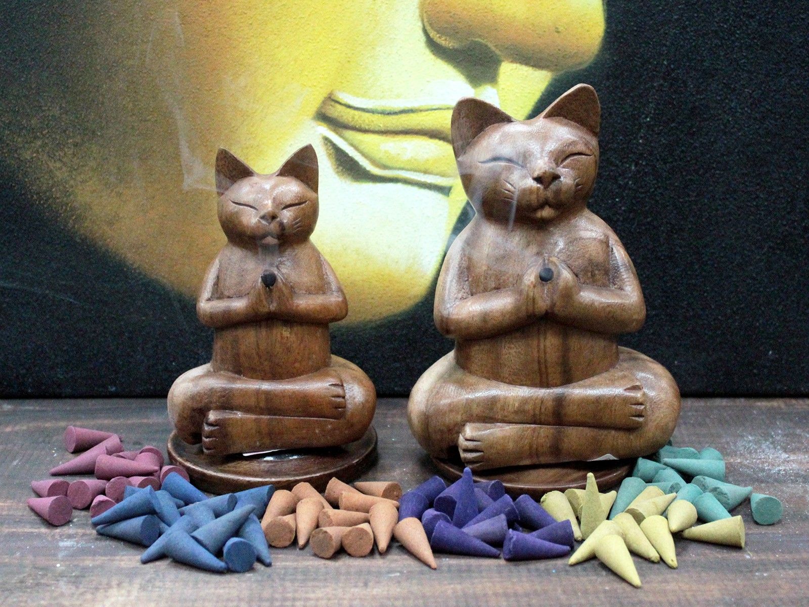 Räuchergefäße aus Suarholz, geschnitzt, groß – Yoga-Katze