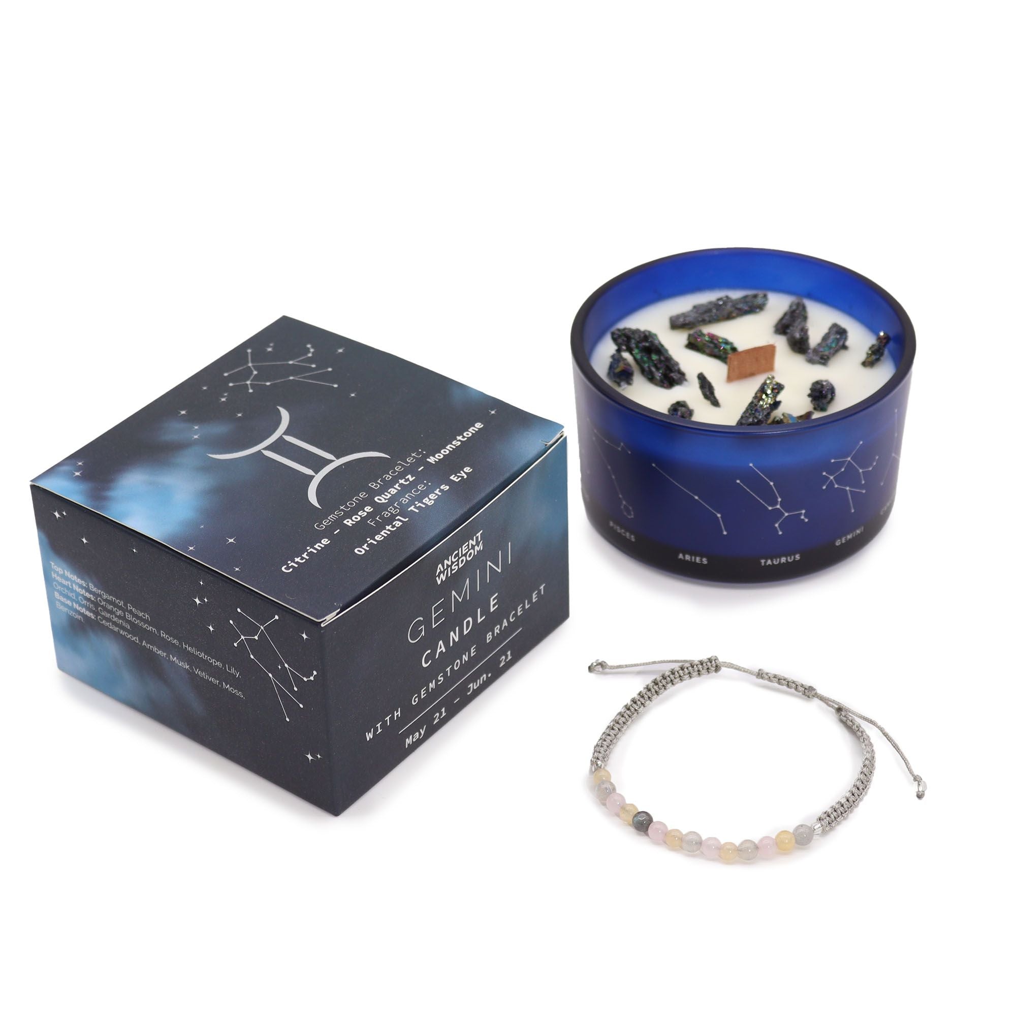 Zodiac Crystal Candle + Gemstone Bracelet - Gemini