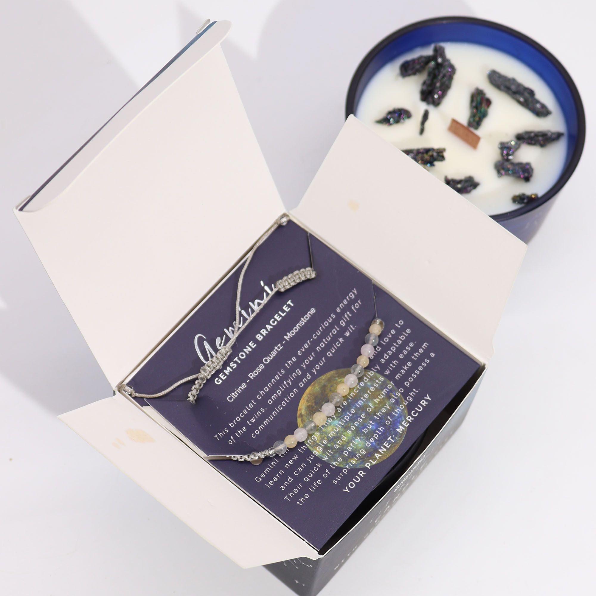 Zodiac Crystal Candle + Gemstone Bracelet - Gemini
