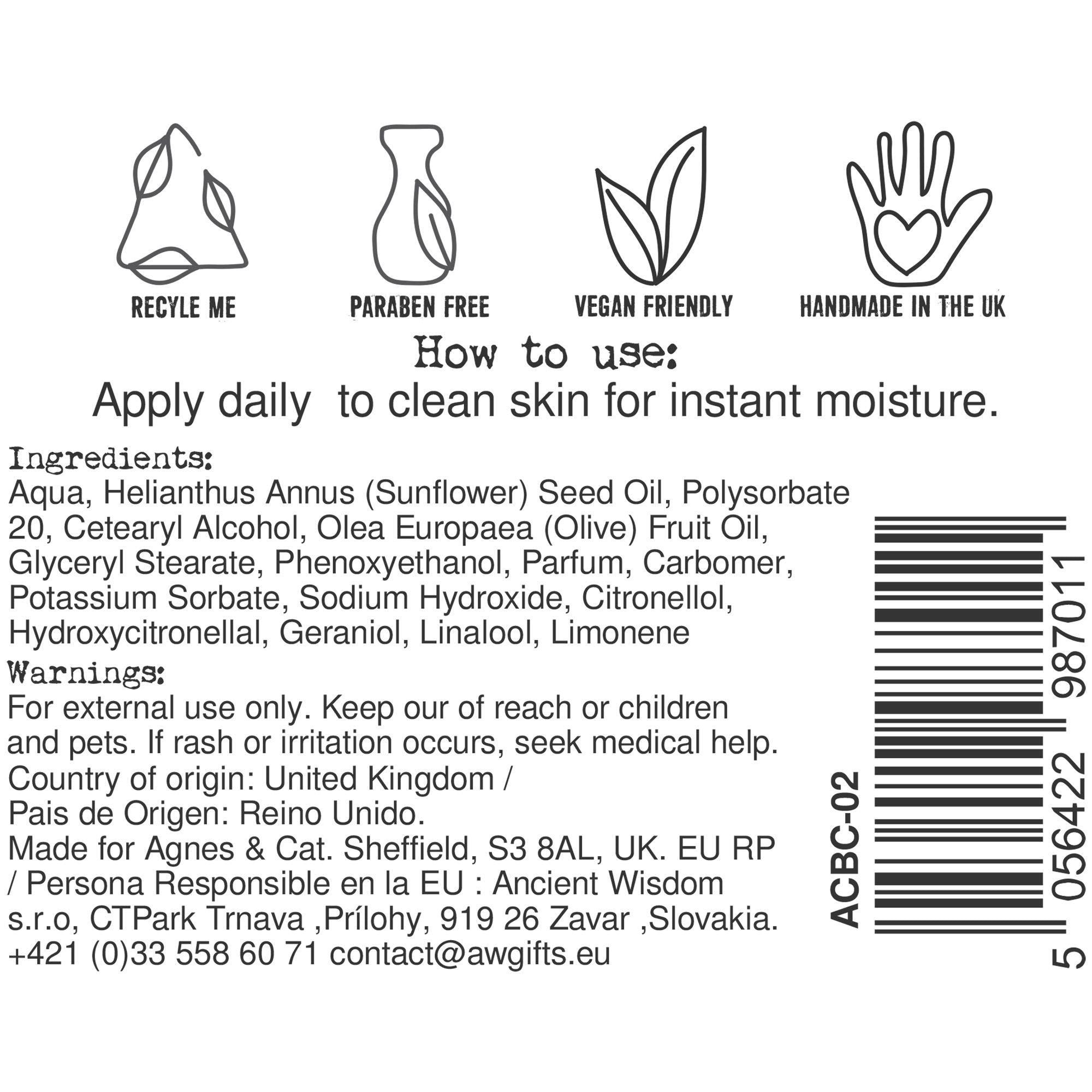 Agnes + Cat Hand & Body Cream 300ml Sea Salt & Moss