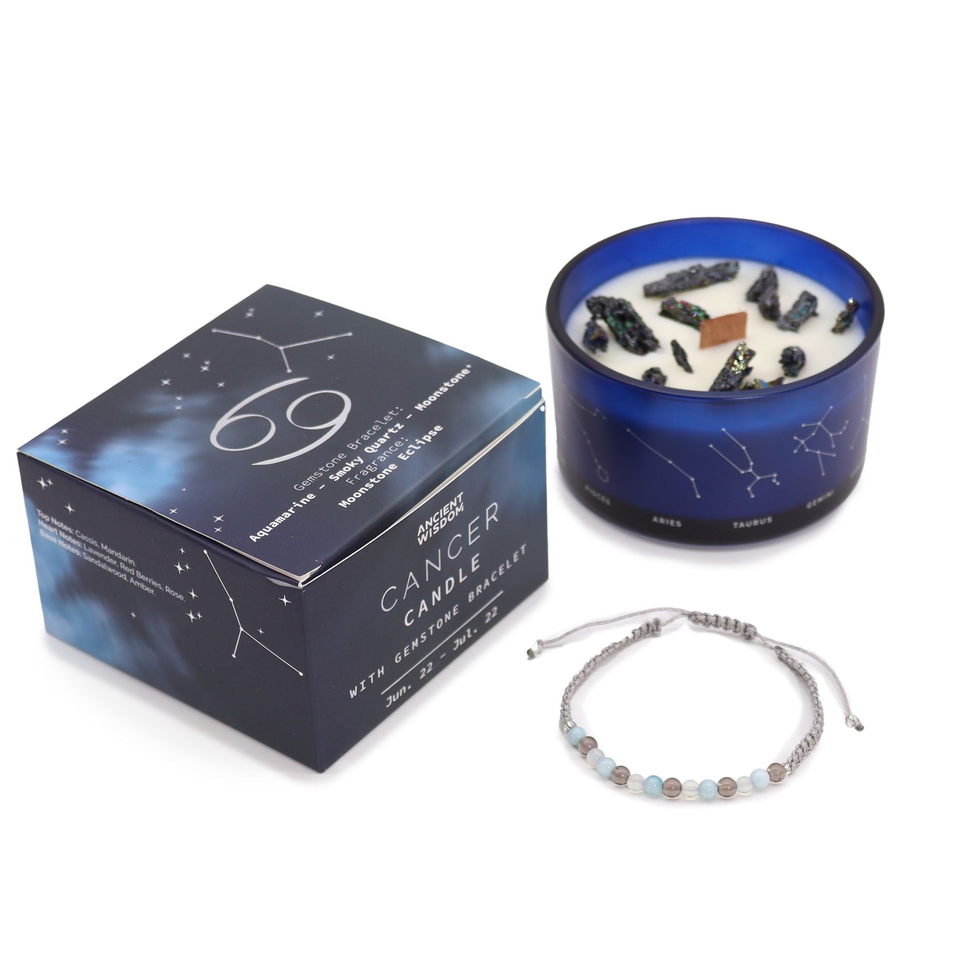 Zodiac Crystal Candle + Gemstone Bracelet - Cancer