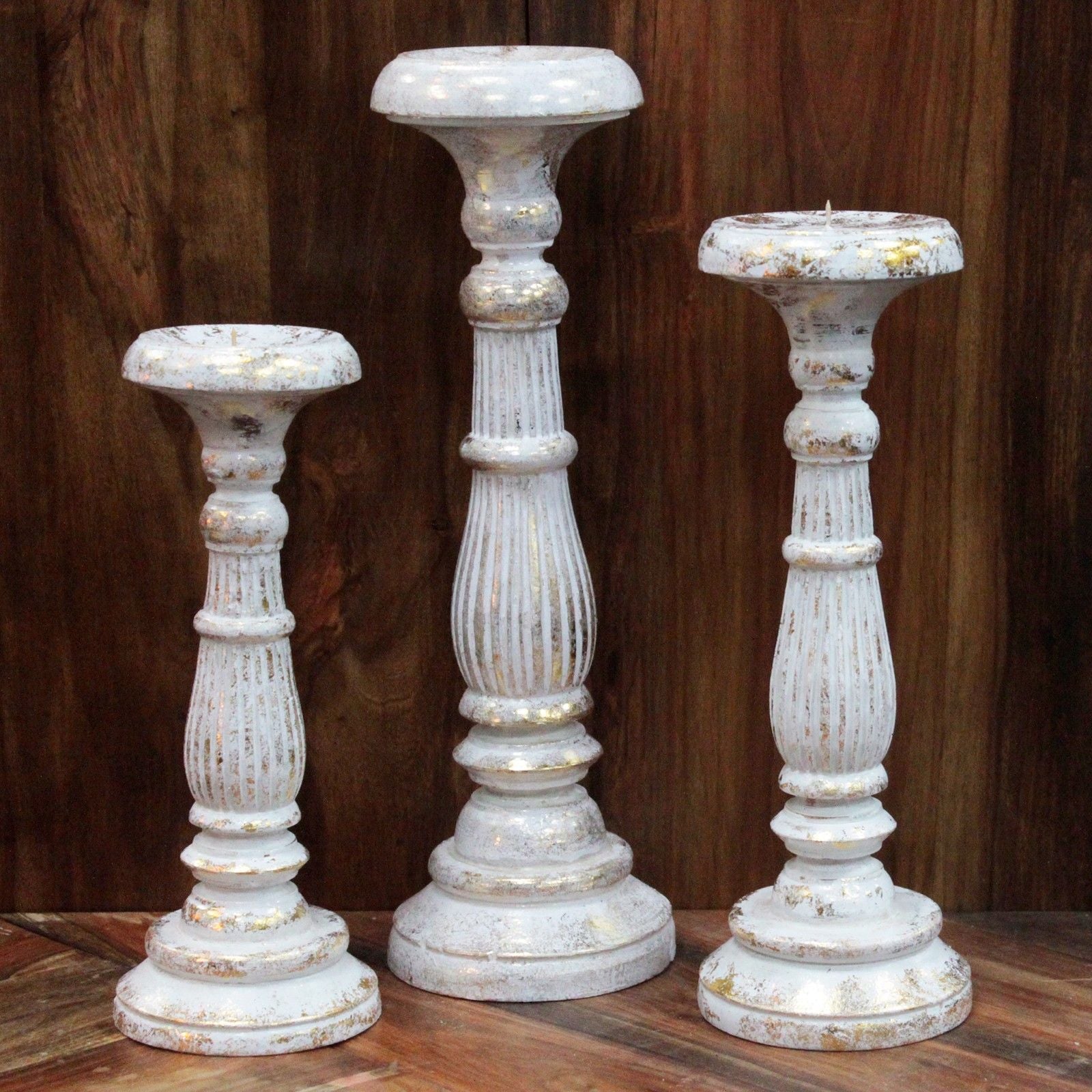 Small Candle Stand – White Gold Wooden Vintage