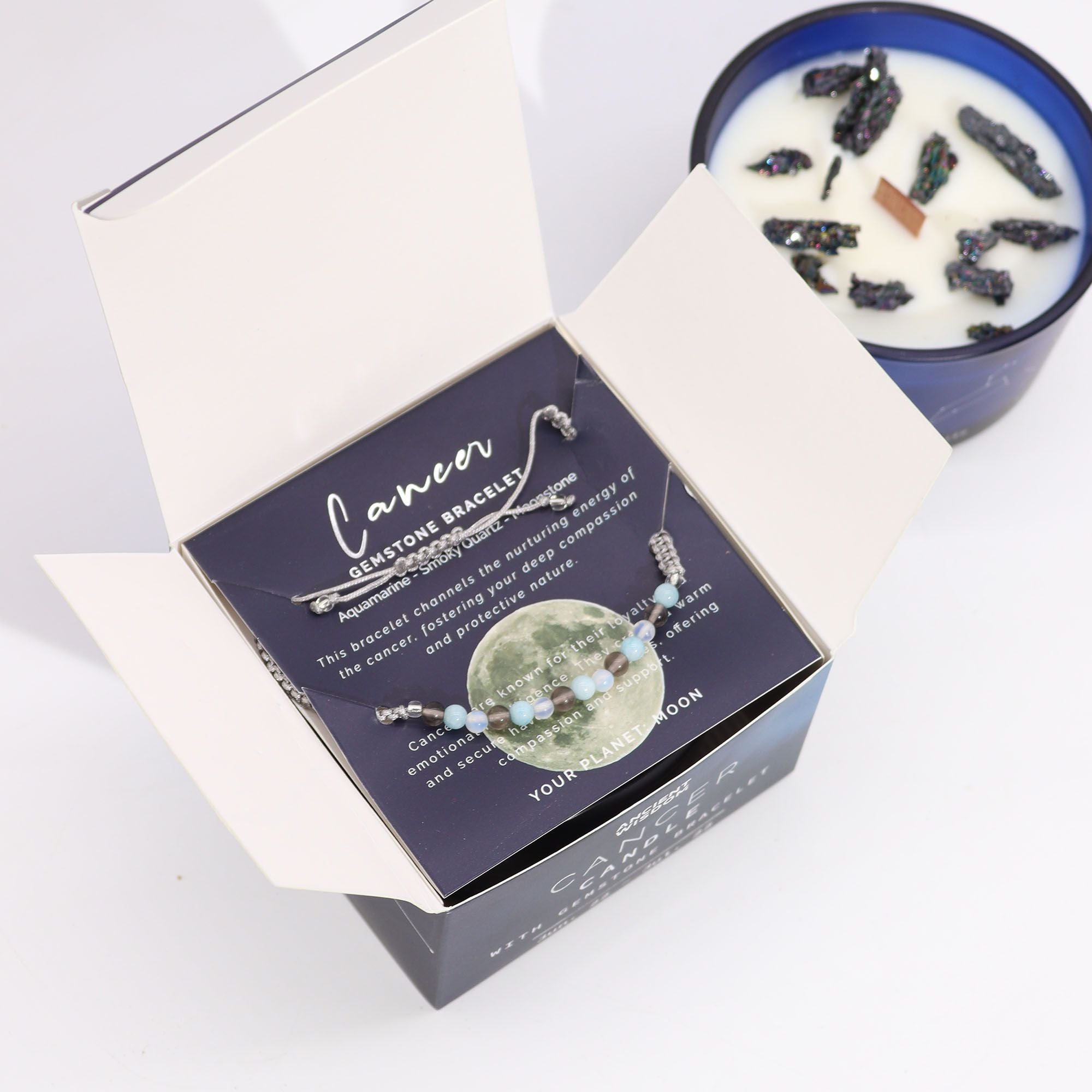 Zodiac Crystal Candle + Gemstone Bracelet - Cancer
