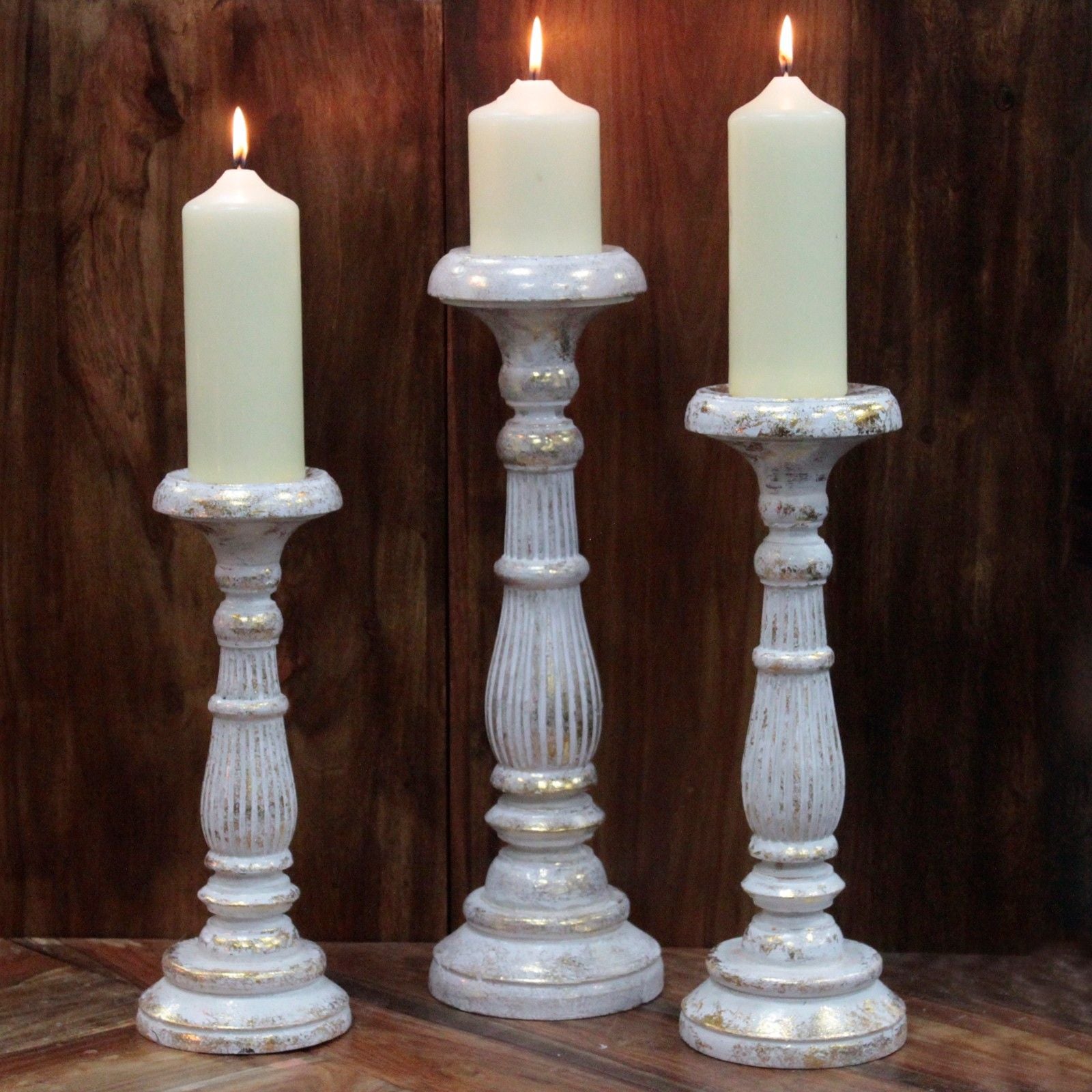 Small Candle Stand – White Gold Wooden Vintage