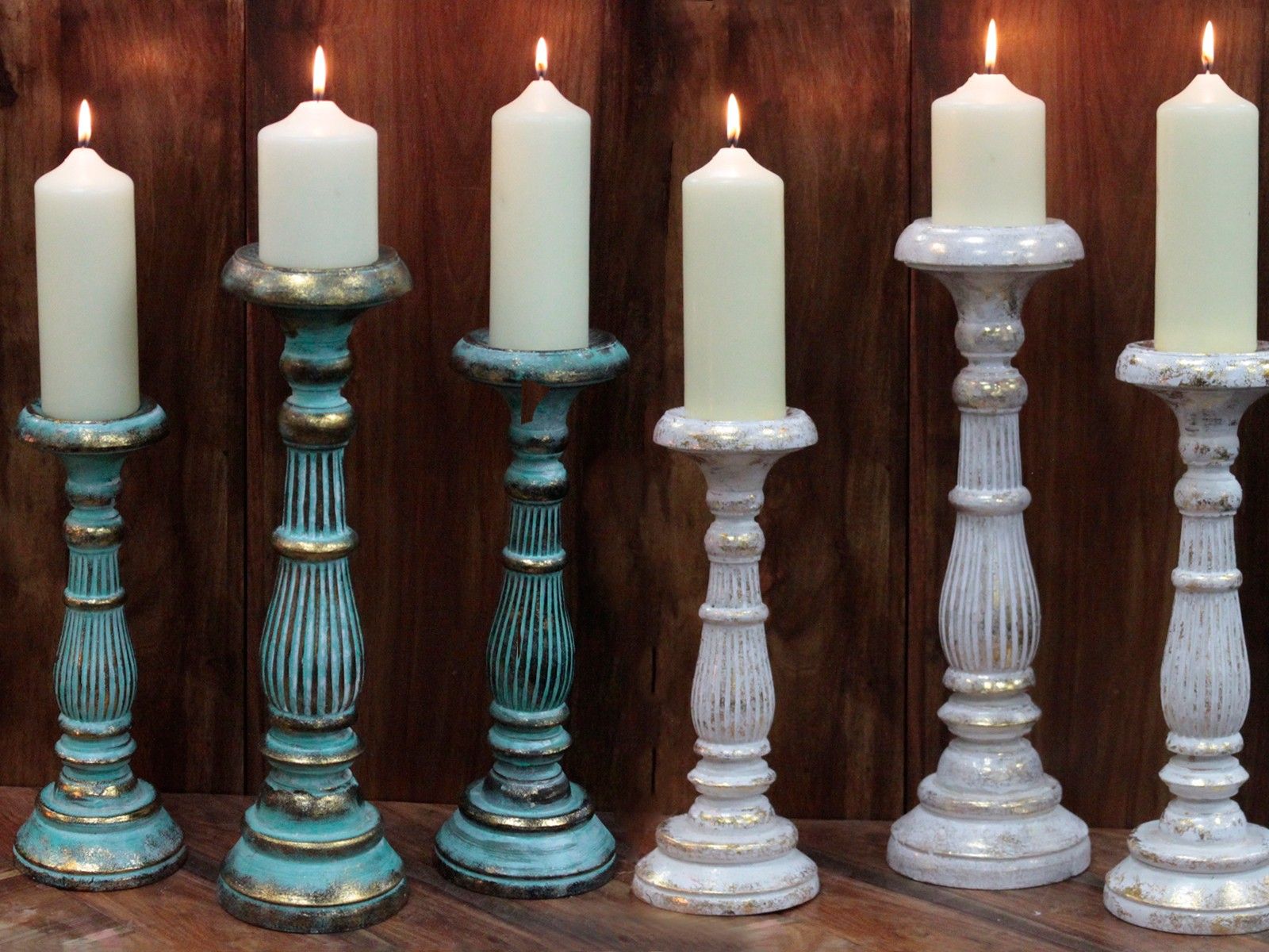 Small Candle Stand – Turquoise Gold Wooden Vintage