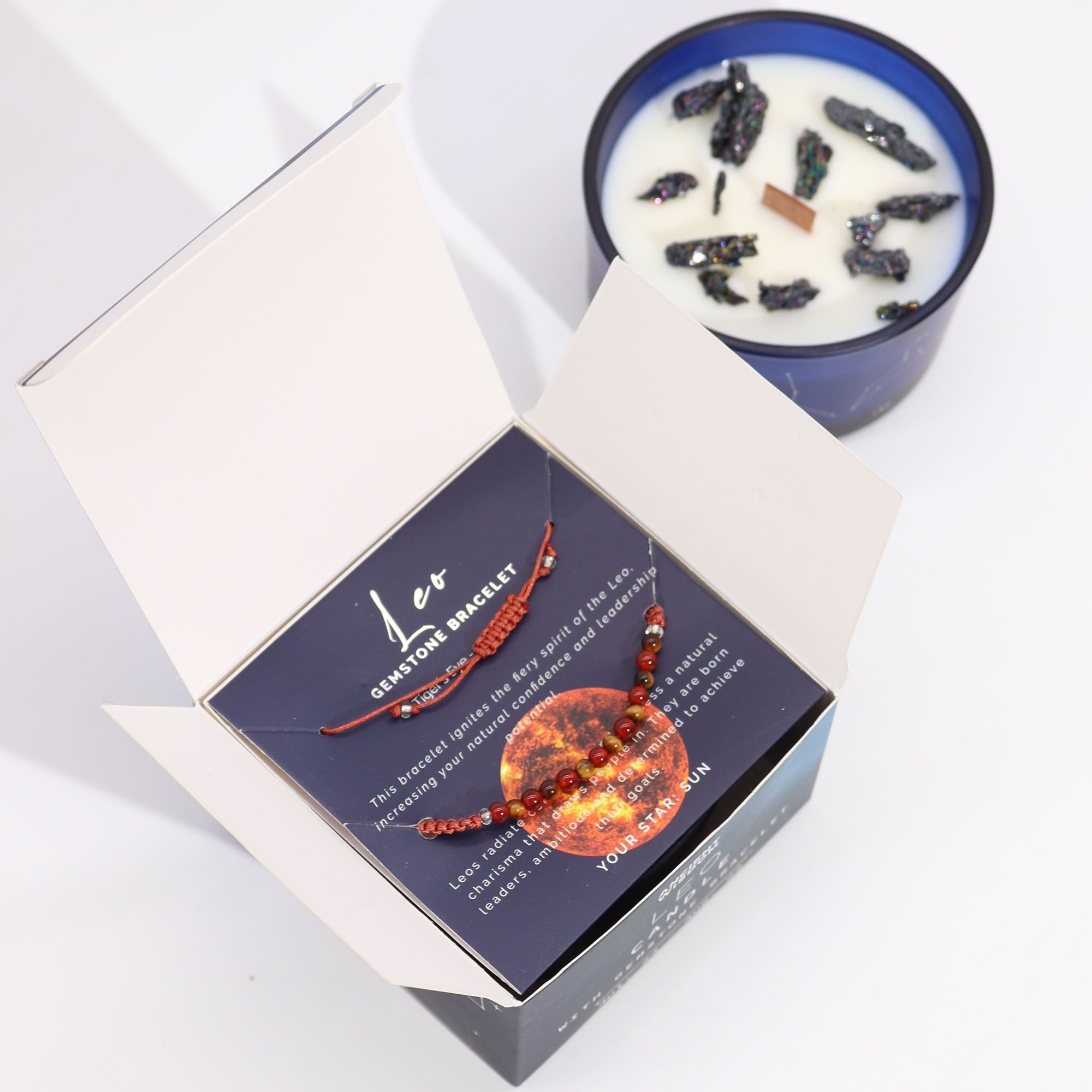 Zodiac Crystal Candle + Gemstone Bracelet - Leo