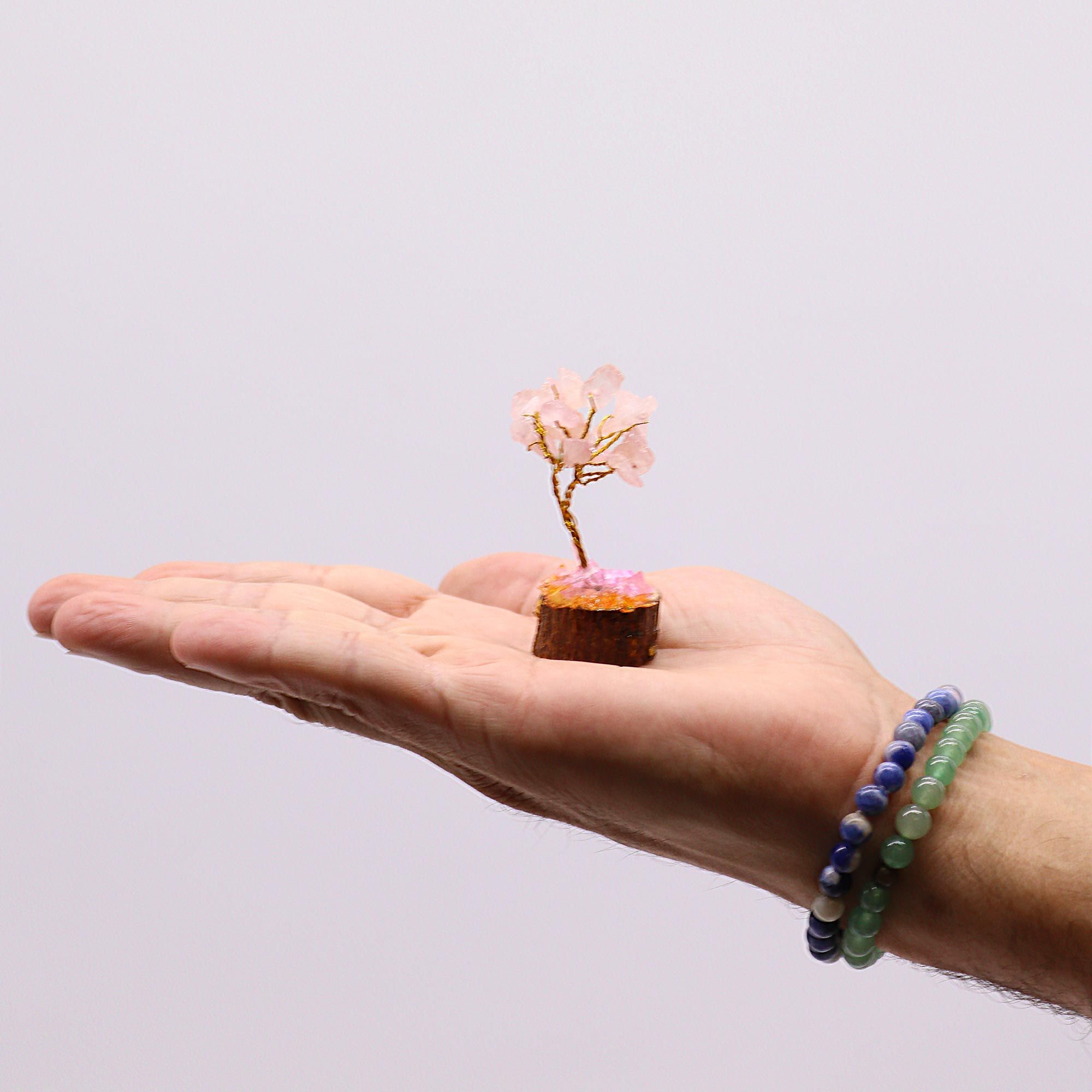 Mini Gemstone Tree on Wood Base (15 Stones) - Rose Quartz