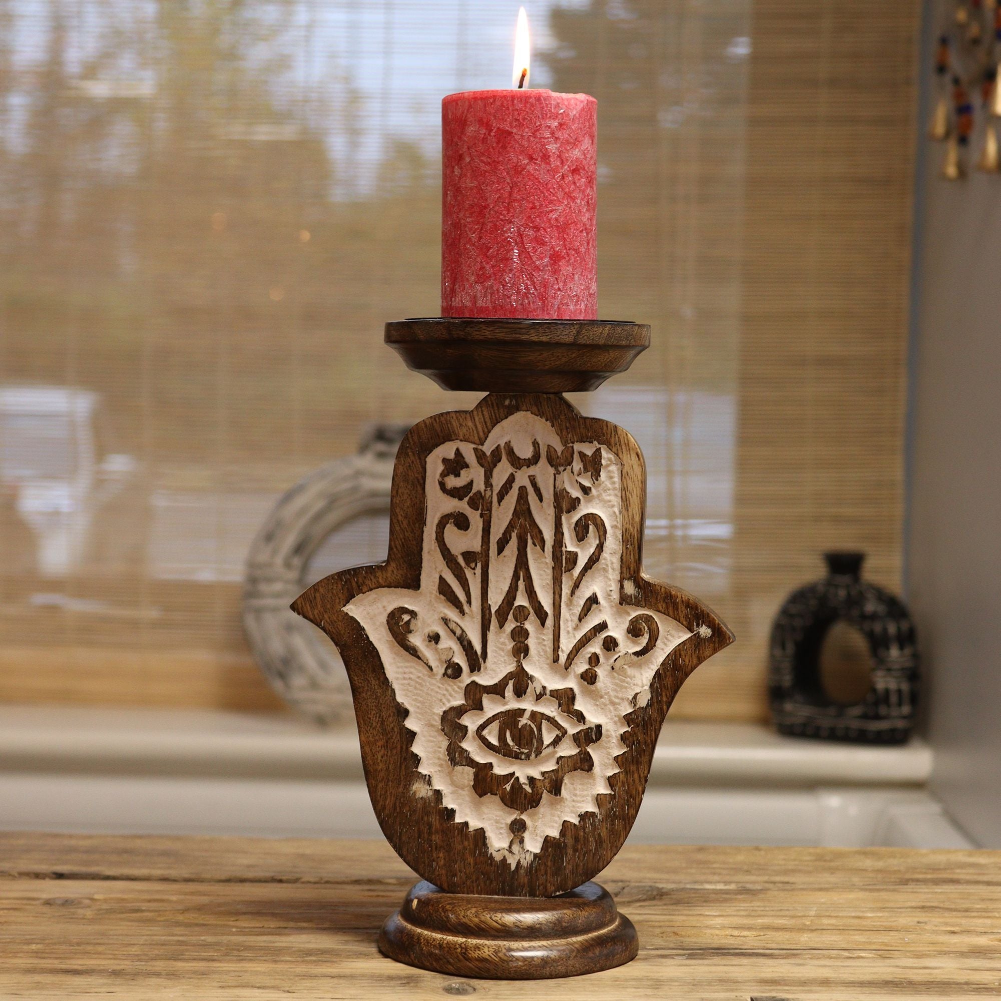 Mango Wood Candle Stand – Hamsa Small