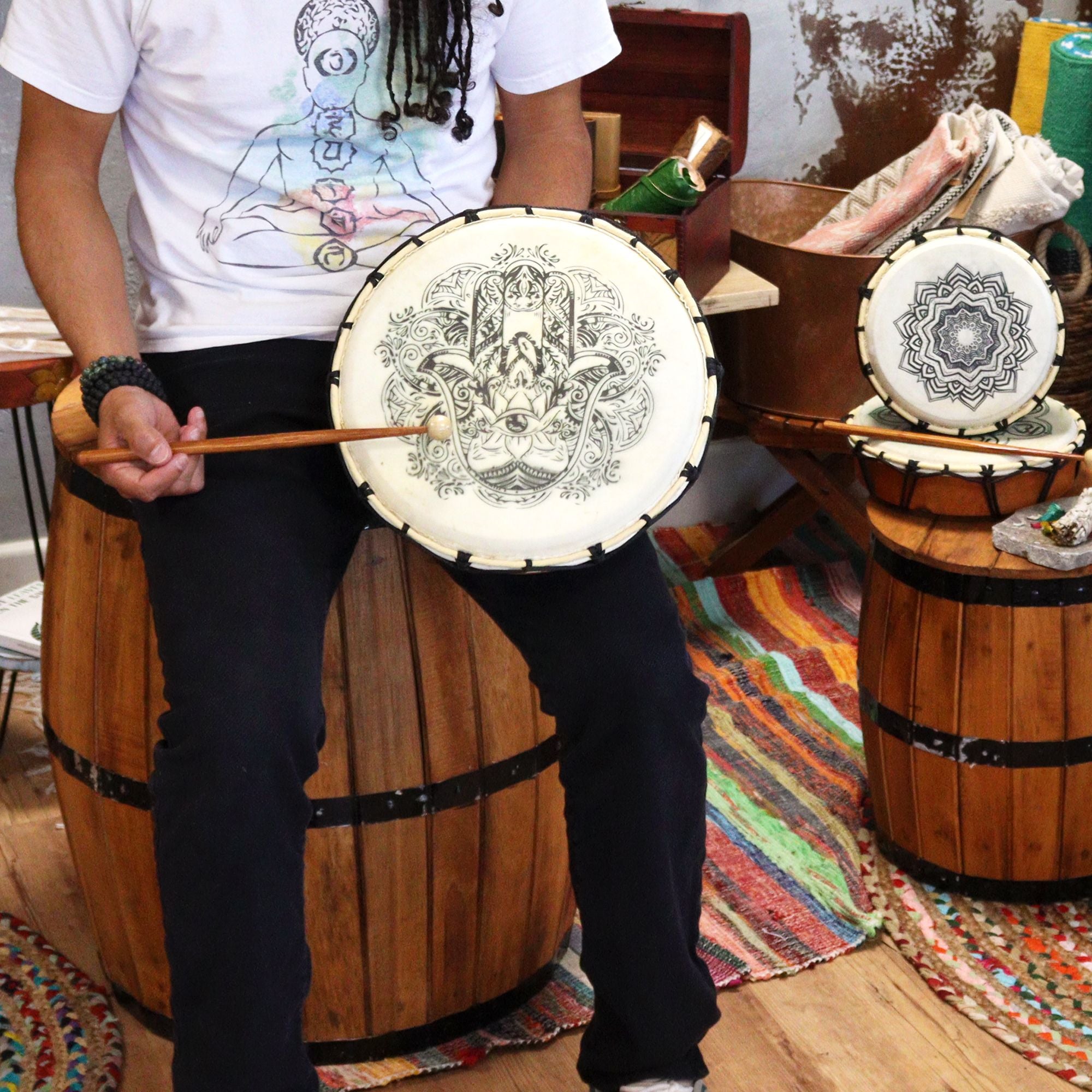 Shamanic Hamsa Drum with Two Sticks - 30cm