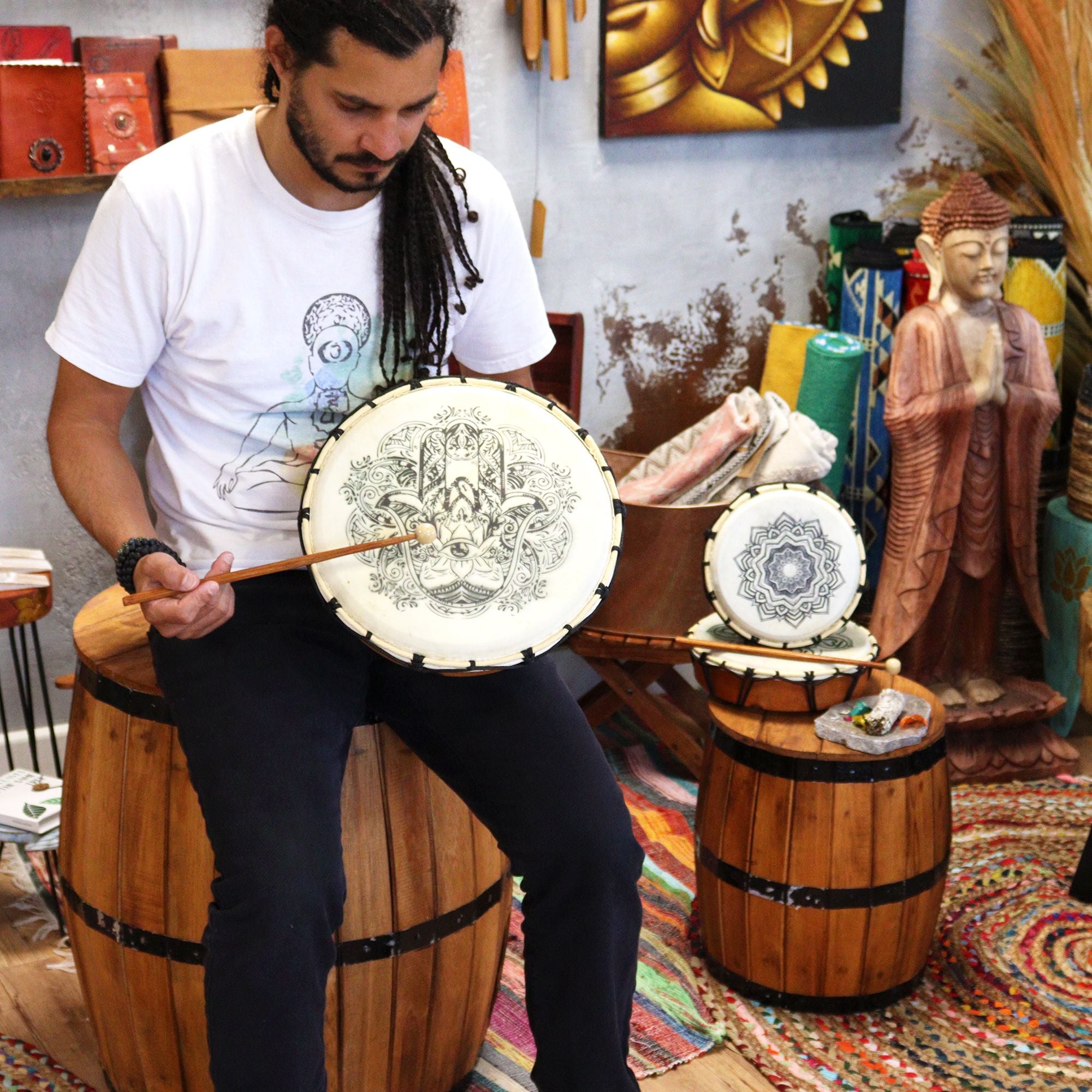 Shamanic Hamsa Drum with Two Sticks - 30cm