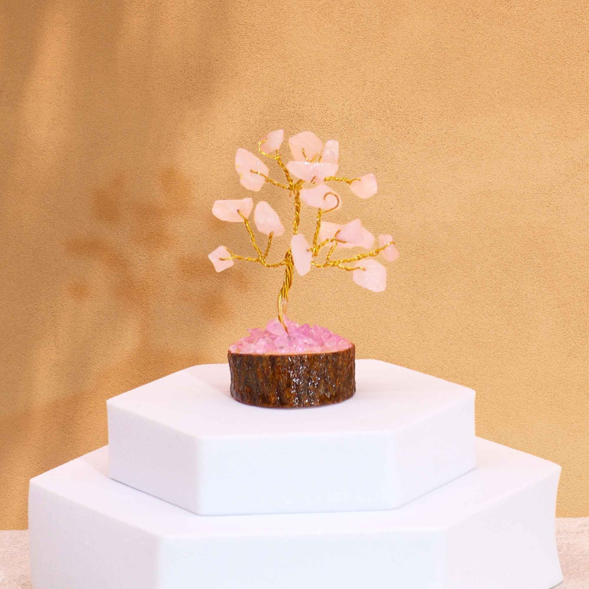 Mini Gemstone Tree on Wood Base (15 Stones) - Rose Quartz