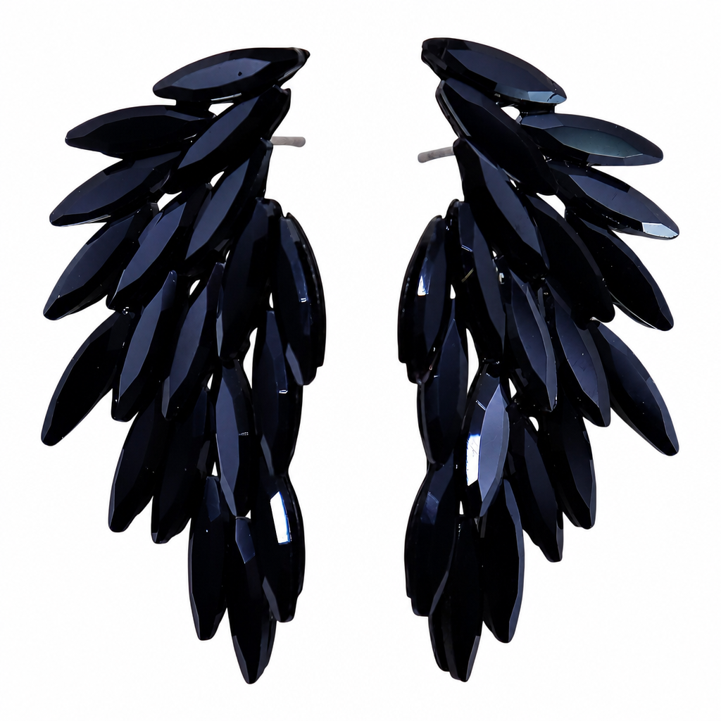 Jet Black Vintage Glass Earrings - Angel Wings